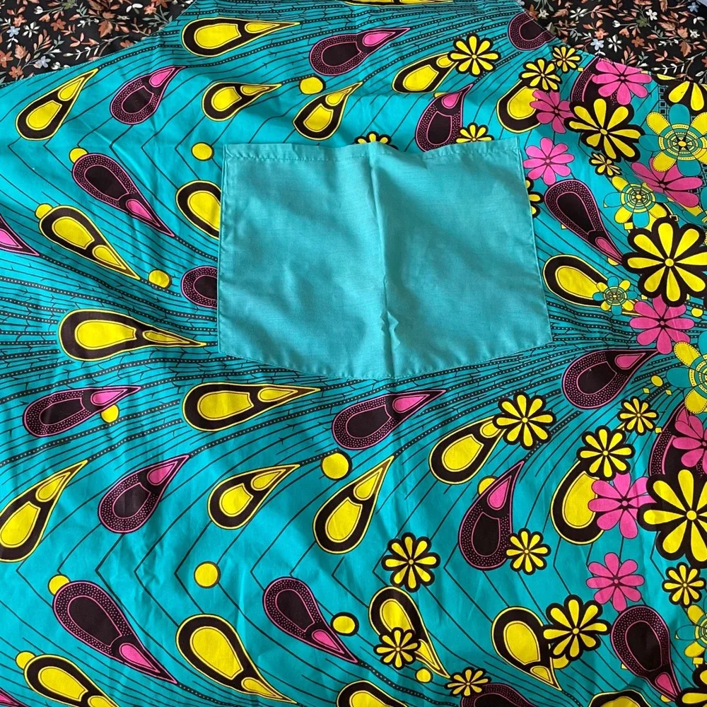 Handmade reversible African Wax Print Bib‎ cook Apron Teal Floral Ankara Pocket
